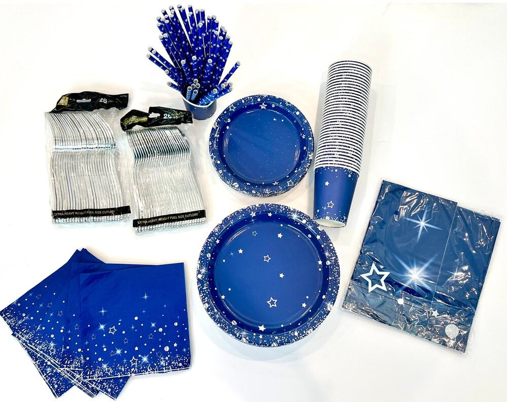Navy Blue & Silver Starry Night Disposable Party Tableware Set